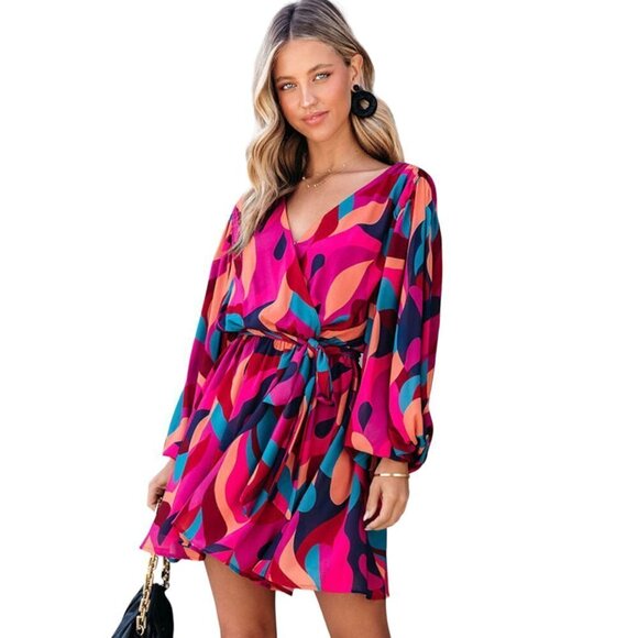 Dresses & Skirts - Red and Pink Print Belted Puff Sleeve Mini Dress